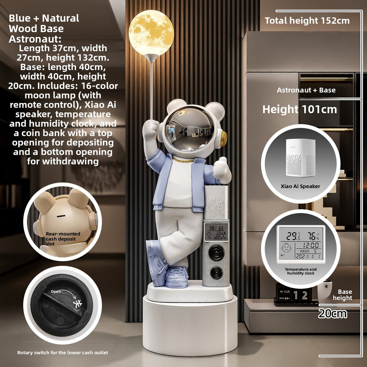 Blue XXL astronaut bear statue on a round base, 152 cm total height, with moon lamp and coin bank callouts
