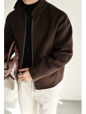 Coffee brown smooth wool blend zip jacket front view with stand collar and two way zip