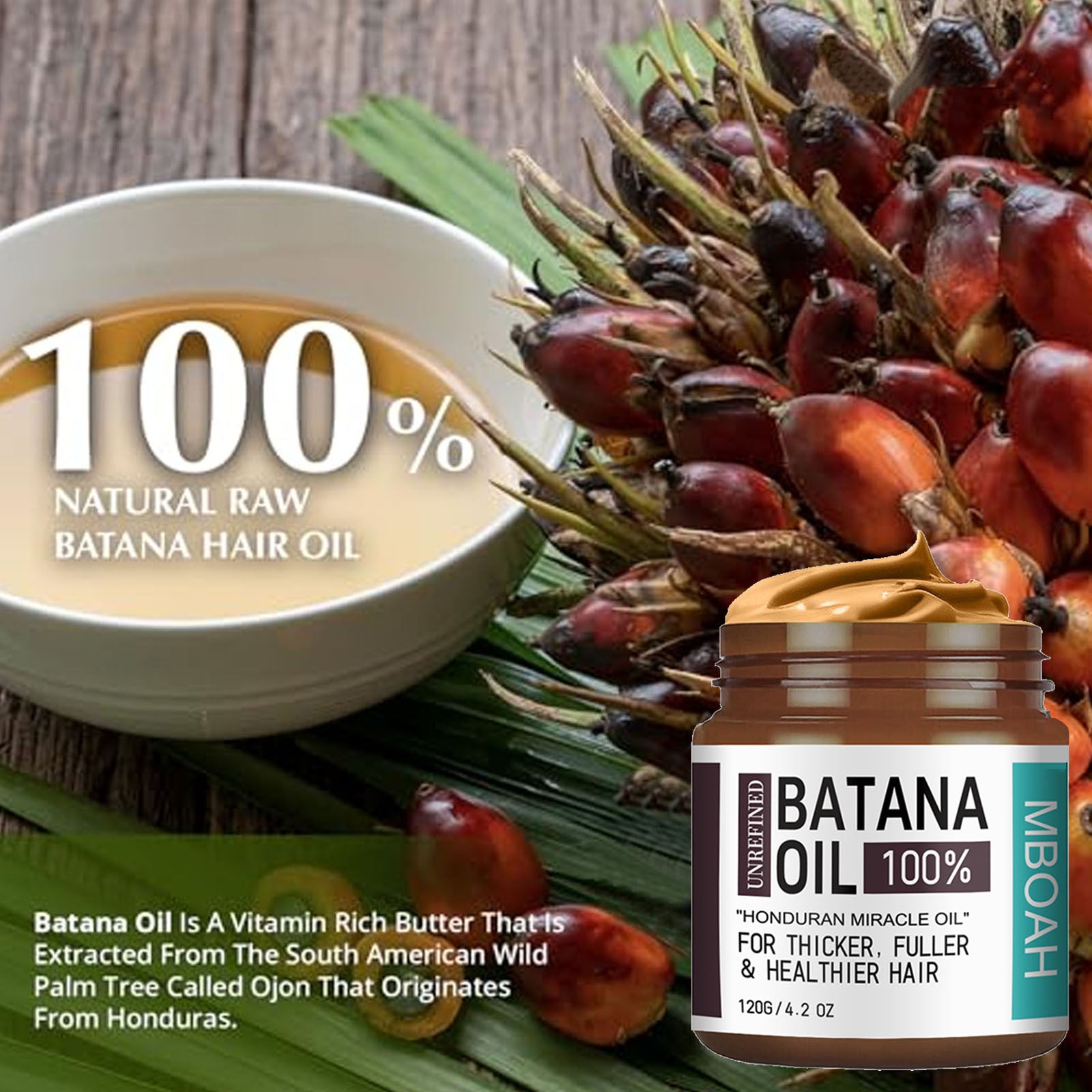 Batana oil shown beside flowing brown hair with the open jar and a comb
