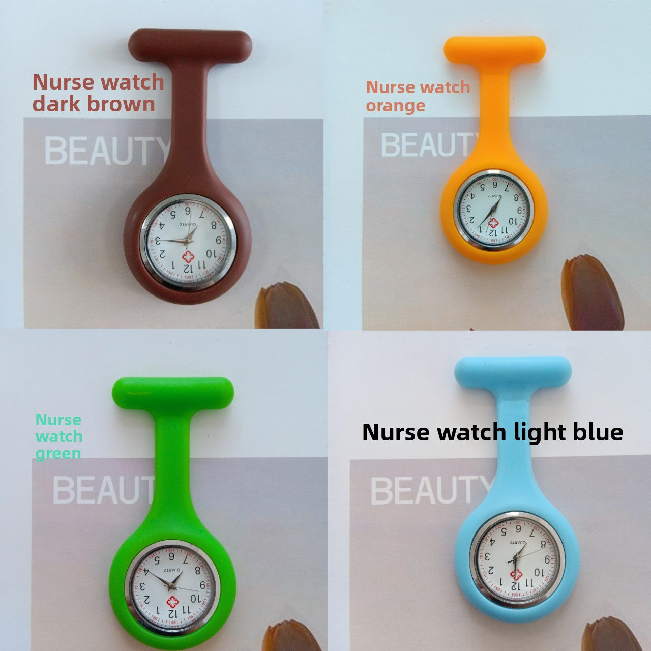 Blue silicone nurse fob watch clipped by its stainless steel brooch pin, close up