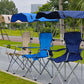 Beige, blue and navy foldable camping chairs with canopies seen from the side on a park path