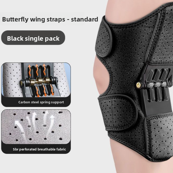 Black perforated knee wrap worn on a leg, single pack, with maker callout insets