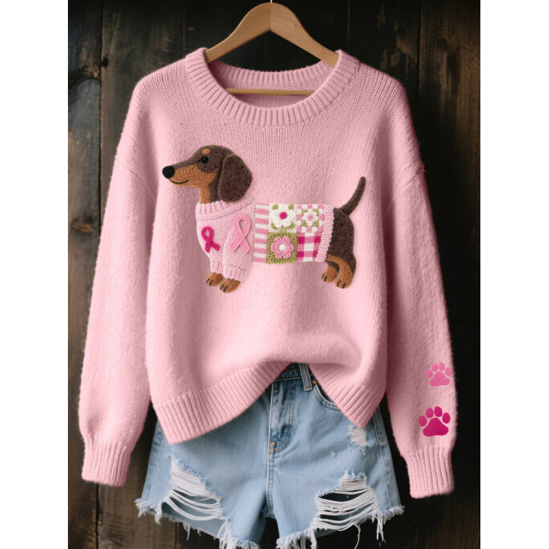 Pink womens 3D print knit look pullover top with a dachshund motif, product photo