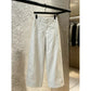 Off white wide leg trousers front view with belt loops and button zip fly