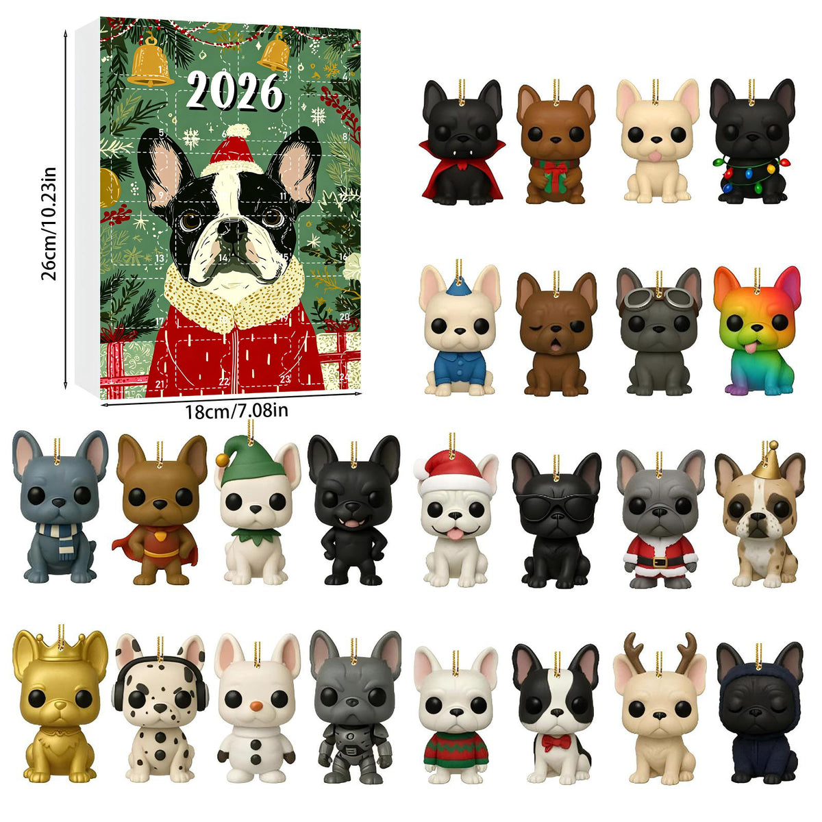 Green advent calendar cover with a French Bulldog in a red jacket and twenty-four dog ornaments, Green Red Jacket cover