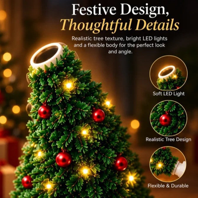 Close view of a tinsel Christmas tree light with red baubles, warm LED dots and a white ring at the top