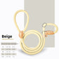Hand loop end of a blue rope slip lead showing the stitched leather tag