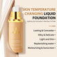 Peach foundation serum bottle tilted across a wide cream and beige swatch of the liquid base