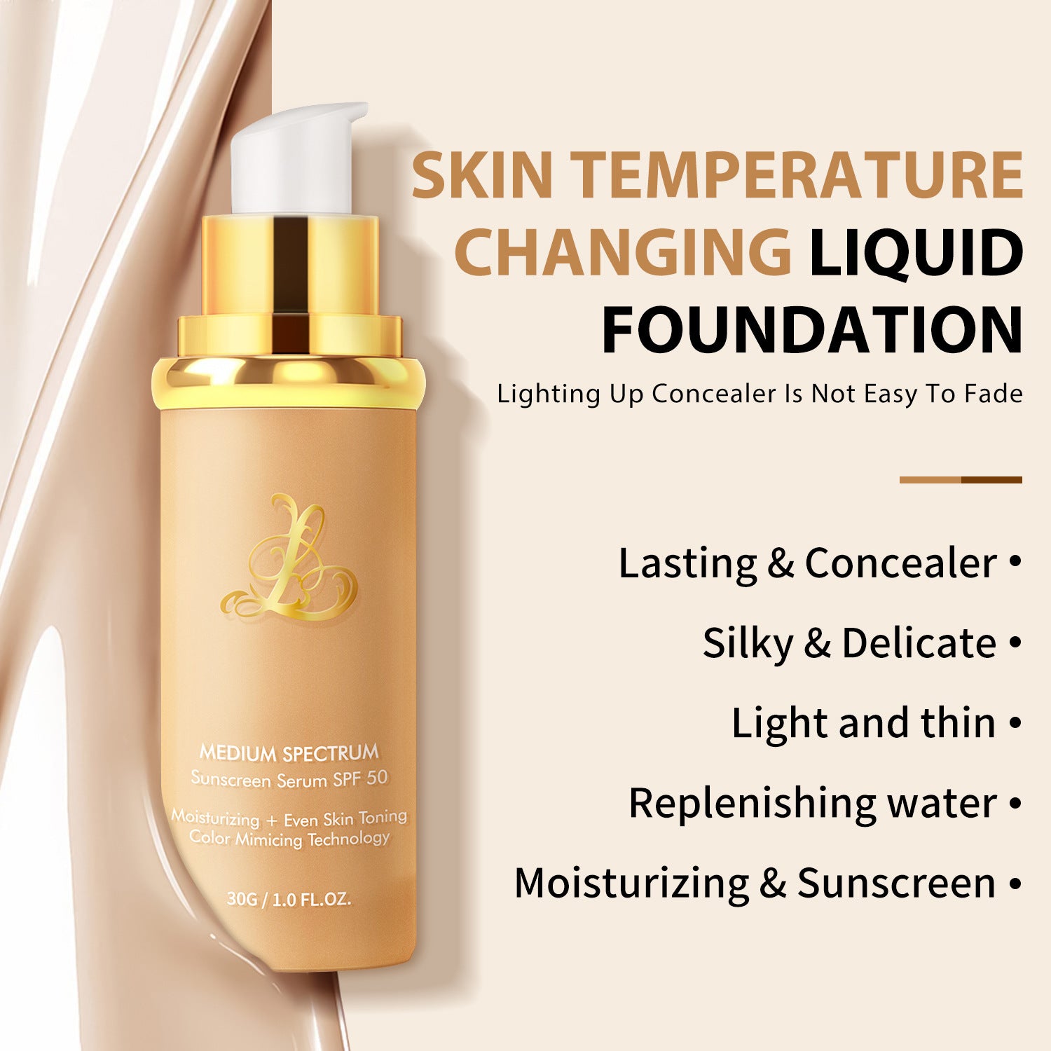 Peach foundation serum bottle tilted across a wide cream and beige swatch of the liquid base
