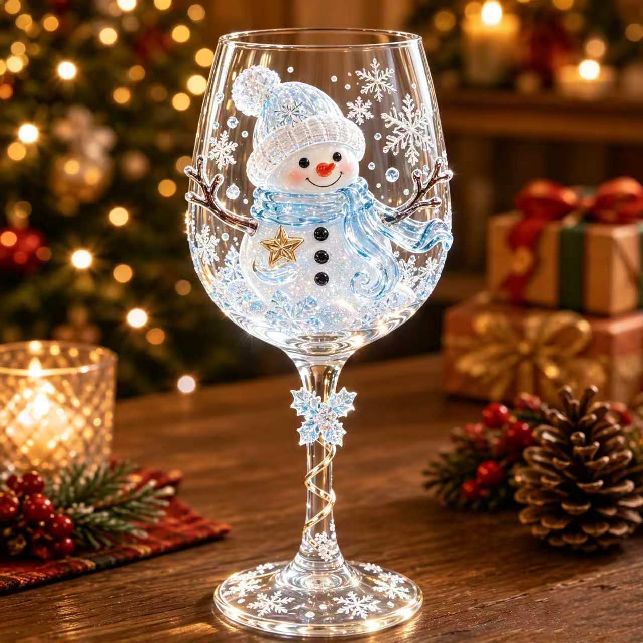 Clear wine goblet with a painted snowman and snowflake design on the bowl