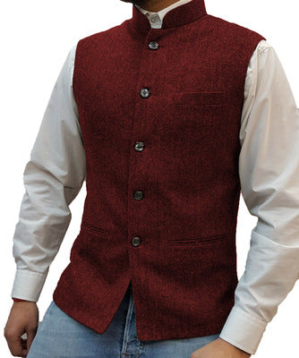 Burgundy herringbone stand collar vest over a white shirt, size M