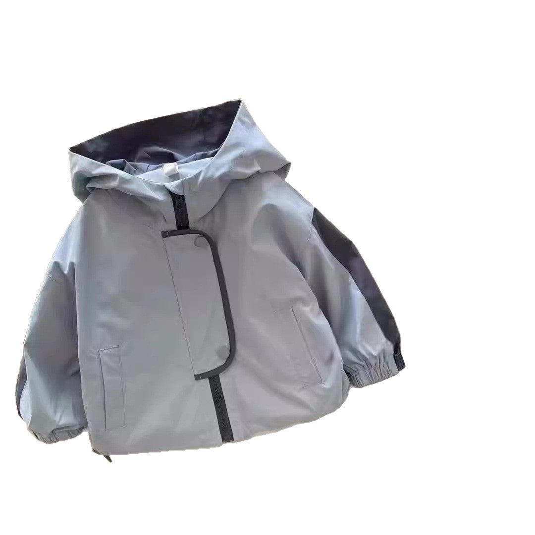 Light blue boys hooded jacket with dark gray contrast sleeves and lined hood on a white background