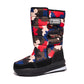 Winter snow boot with velcro front straps and a chunky lugged rubber sole, side view