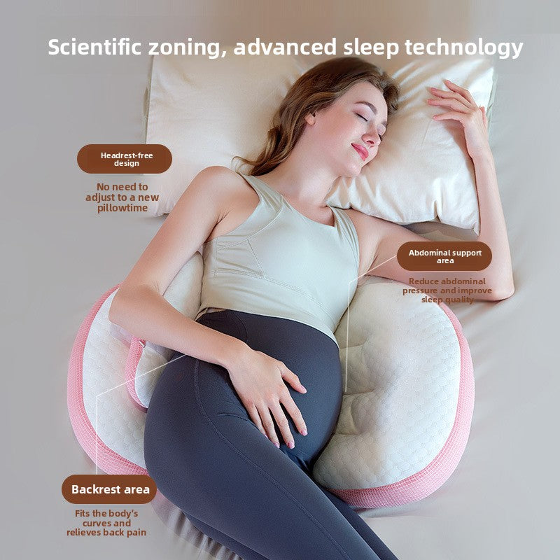 Two sided maternity pillow supporting belly and lower back