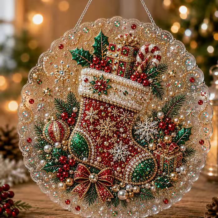 5D diamond painting Christmas ornament with a beaded Santa on a clear round