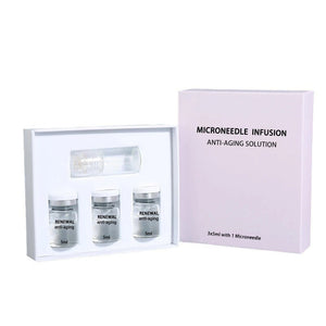 Microneedle serum kit, three 5 ml vials and one applicator cap beside a pink facial version box