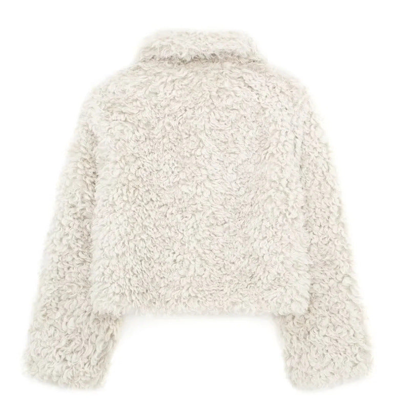 Cream lamb look fleece jacket for women with toggle front and relaxed cropped cut