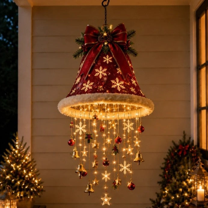 Jingle Bell design: red bell shaped hat with a large red bow, a lit brim and hanging charms