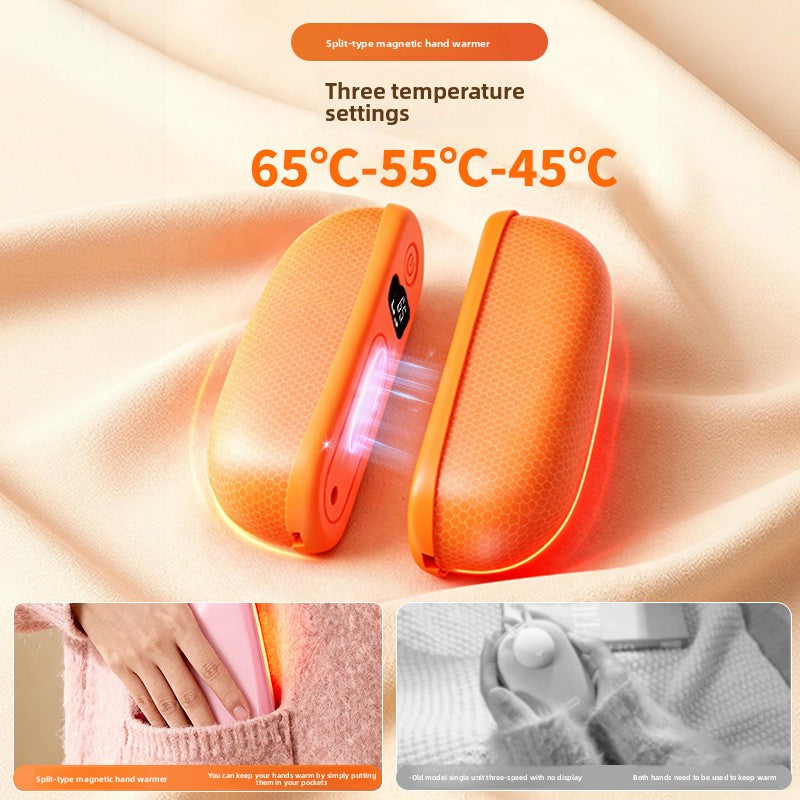 Orange split magnetic hand warmer with a glowing seam, three temperature settings of 65, 55 and 45 degrees C
