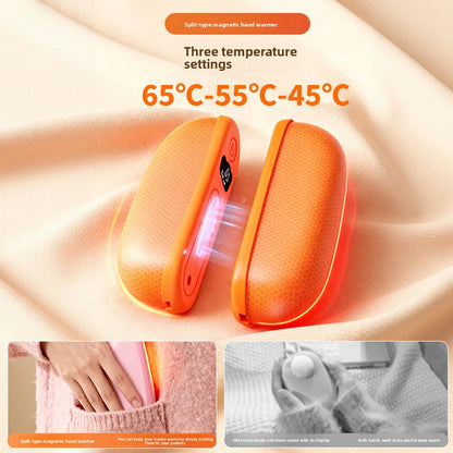 Orange split magnetic hand warmer with a glowing seam, three temperature settings of 65, 55 and 45 degrees C