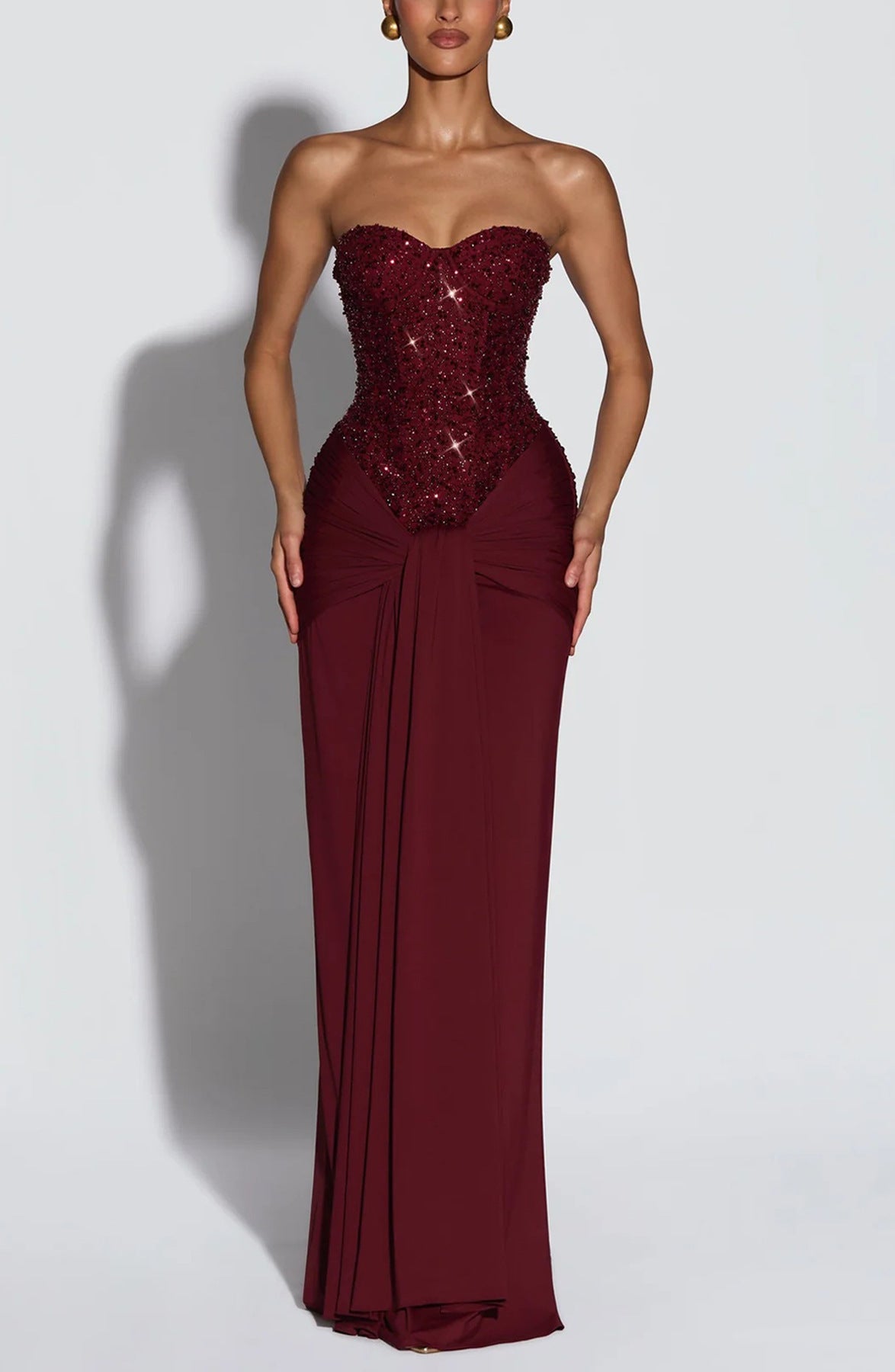 Strapless long dress with sequin bodice and draped skirt in burgundy, size M option
