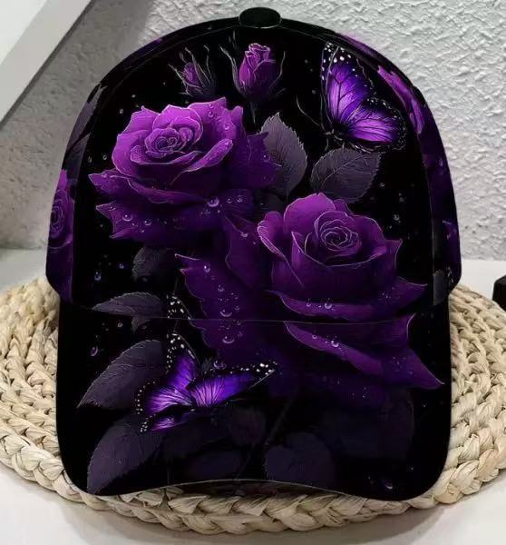 Adjustable dome crown cap decorated with a colourful printed flower motif
