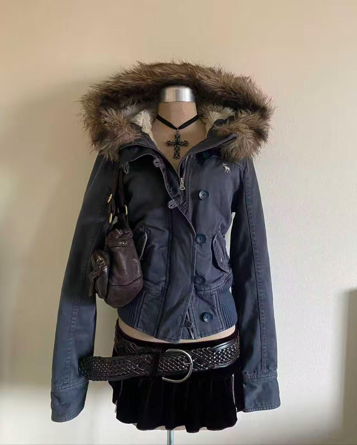 Navy blue short hooded jacket image for the Navy blue option in size M, with a fur trimmed hood and button front