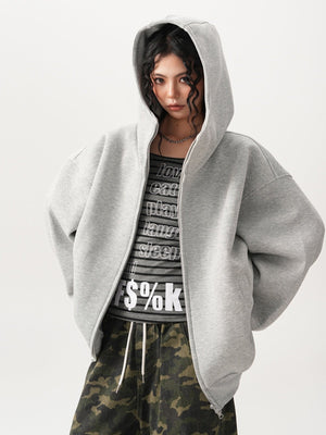 Zip up hooded sweatshirt front view with the full length two way zipper closed to the chest