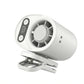 White clip fan with open spring clamp and digital panel on a white background