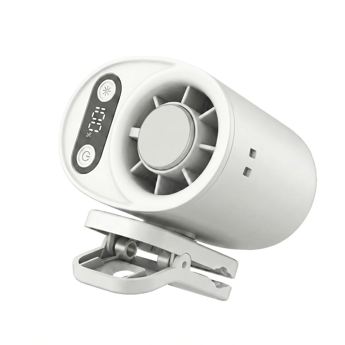 White clip fan with open spring clamp and digital panel on a white background