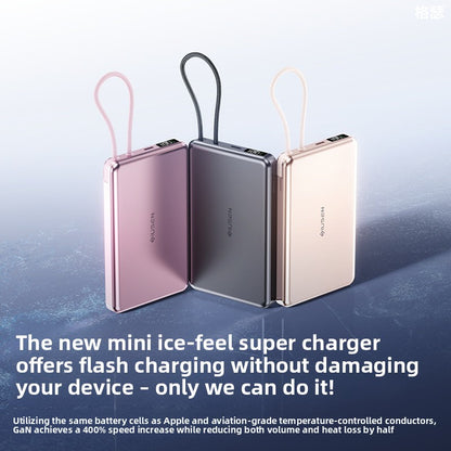 Three slim power banks in titanium pink, gray and gold each with a built in charging cable