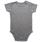 Baby short sleeve cotton bodysuit with a shoulder snap opening shown flat on a plain background