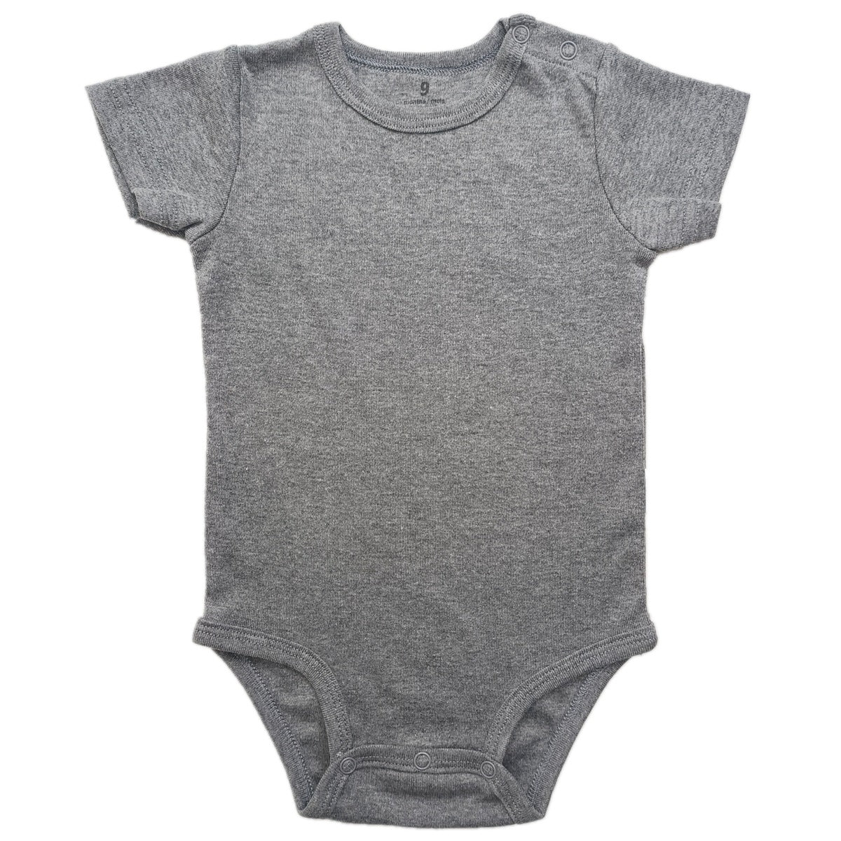 Baby short sleeve cotton bodysuit with a shoulder snap opening shown flat on a plain background