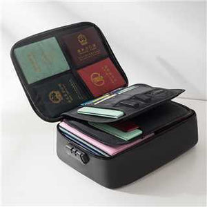 Open black document bag holding passports and cards with a combination lock on the front