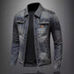 Back view of the blue men's trucker jacket and its tailored line