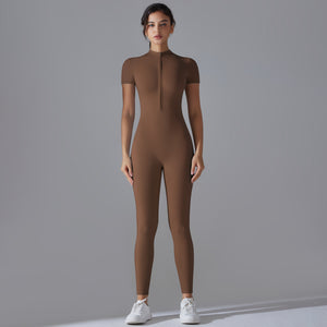 Tight fit cotton blend jumpsuit shown from the side on model