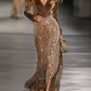 Dark brown maxi dress side profile showing the draping floor-length skirt