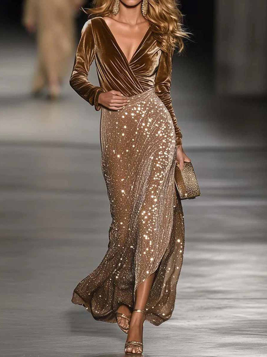 Dark brown maxi dress side profile showing the draping floor-length skirt