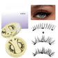 Yellow round magnetic lash case with clip beside a close-up eye and black lash strip diagram