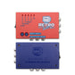 Red retro AV to HDMI converter in open box with coiled USB cable and printed manual