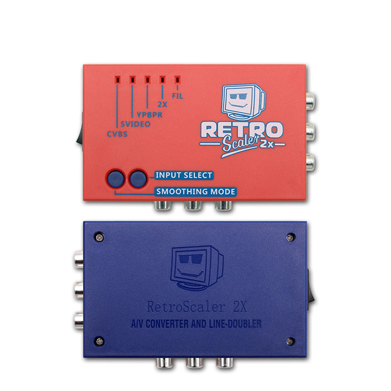 Red retro AV to HDMI converter in open box with coiled USB cable and printed manual