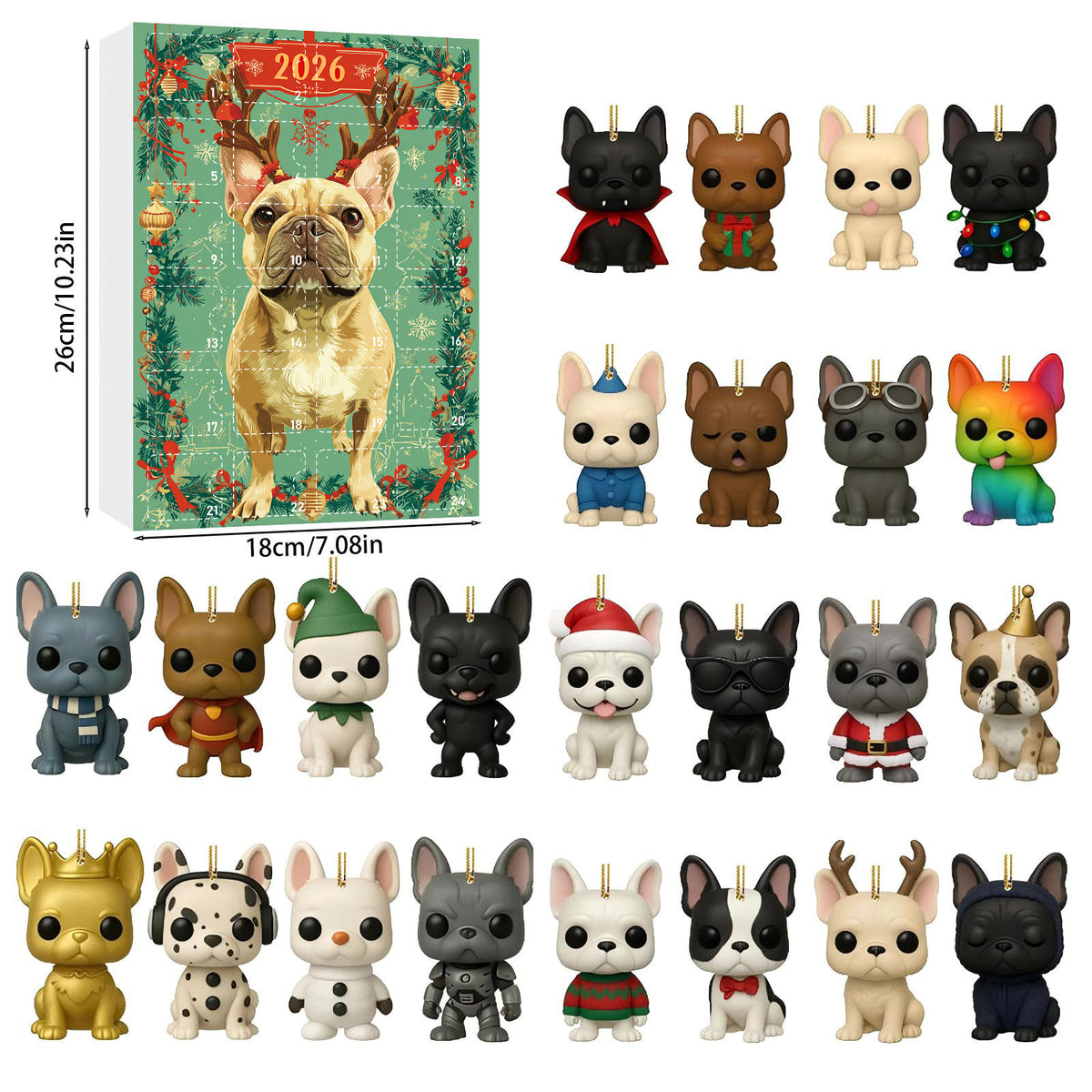 Mint green French Bulldog advent calendar cover with antlers and twenty-four dog ornaments, Mint Green Fawn Antlers cover
