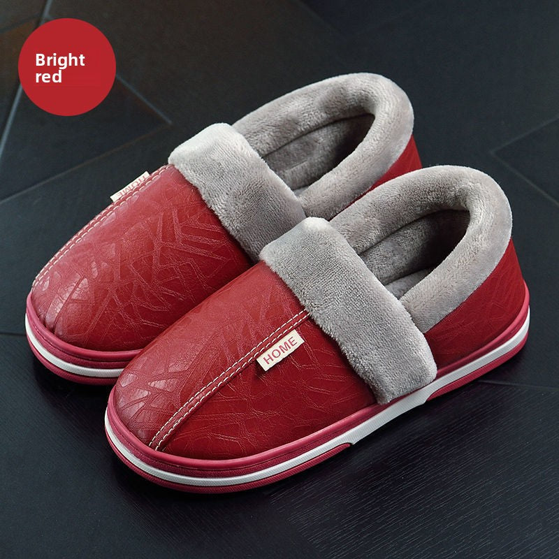Plush warm home slipper with a PU upper, plush lining and thick anti slip sole, red covered heel