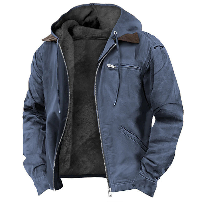 Slate blue hooded zip jacket with thick black fleece lining and drawstring hood, three quarter front view