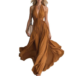 Ice silk dress showing V-neckline and slim fit