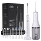 White sonic toothbrush and water flosser set with brush heads, nozzles and travel case in front of the black set box