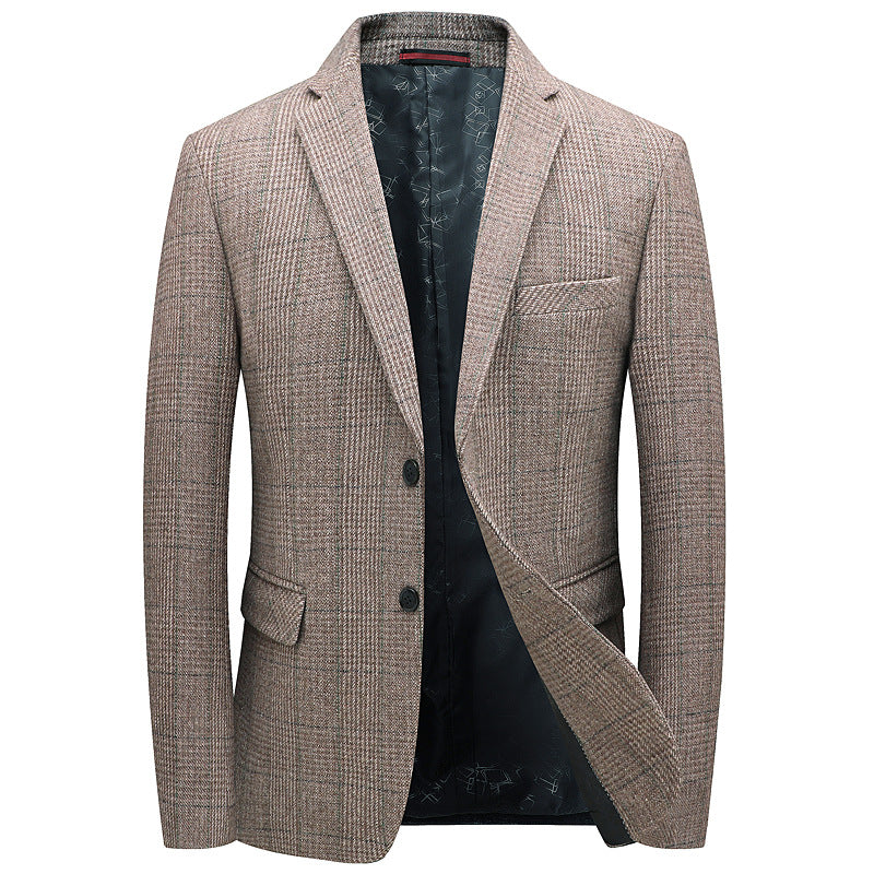 Navy windowpane plaid wool blend blazer front view with two button closure