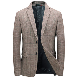 Navy windowpane plaid wool blend blazer front view with two button closure