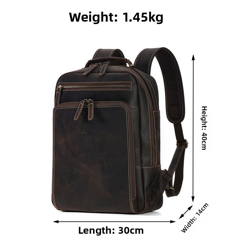 Deep Brown cowhide backpack with front zip pockets, 40 cm high, 30 cm long, 14 cm wide, 1.45 kg