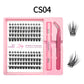Lash cluster style CS04 in a 10 row tray with dual-ended glue pen, tweezers and a close-up of the cluster shape